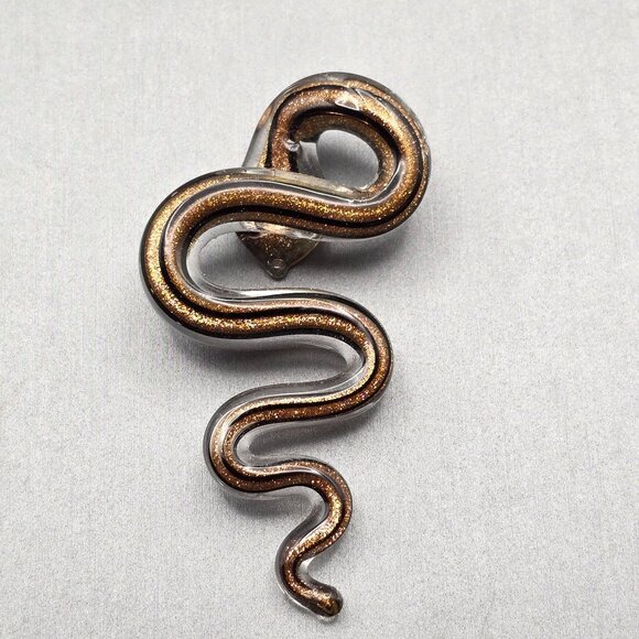 Glass Snake Pendant 2.5x1.25" Black w/ Gold Sparkle Sculptural Bail Mythology - Picture 4 of 7